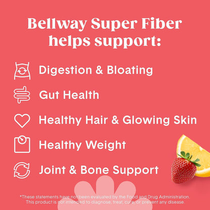 Bellway Super Fiber Powder + Collagen, Sugar-Free Psyllium Husk Powder with Collagen Peptides and Hyaluronic Acid for Gut Health, Healthy Skin, Nails, Bones & Joints, Strawberry Lemonade (20 Servings)