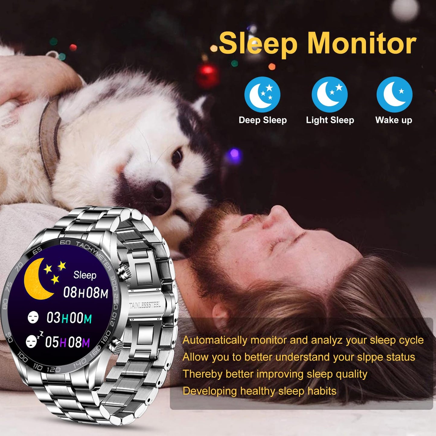 Men Smart Watch for Android iOS, Bluetooth Calls Voice Chat with Heart Rate/Sleep Monitor Fitness Tracker, 1.3" Full Touch Screen IP67 Waterproof Stainless Steel Activity Tracker for Men