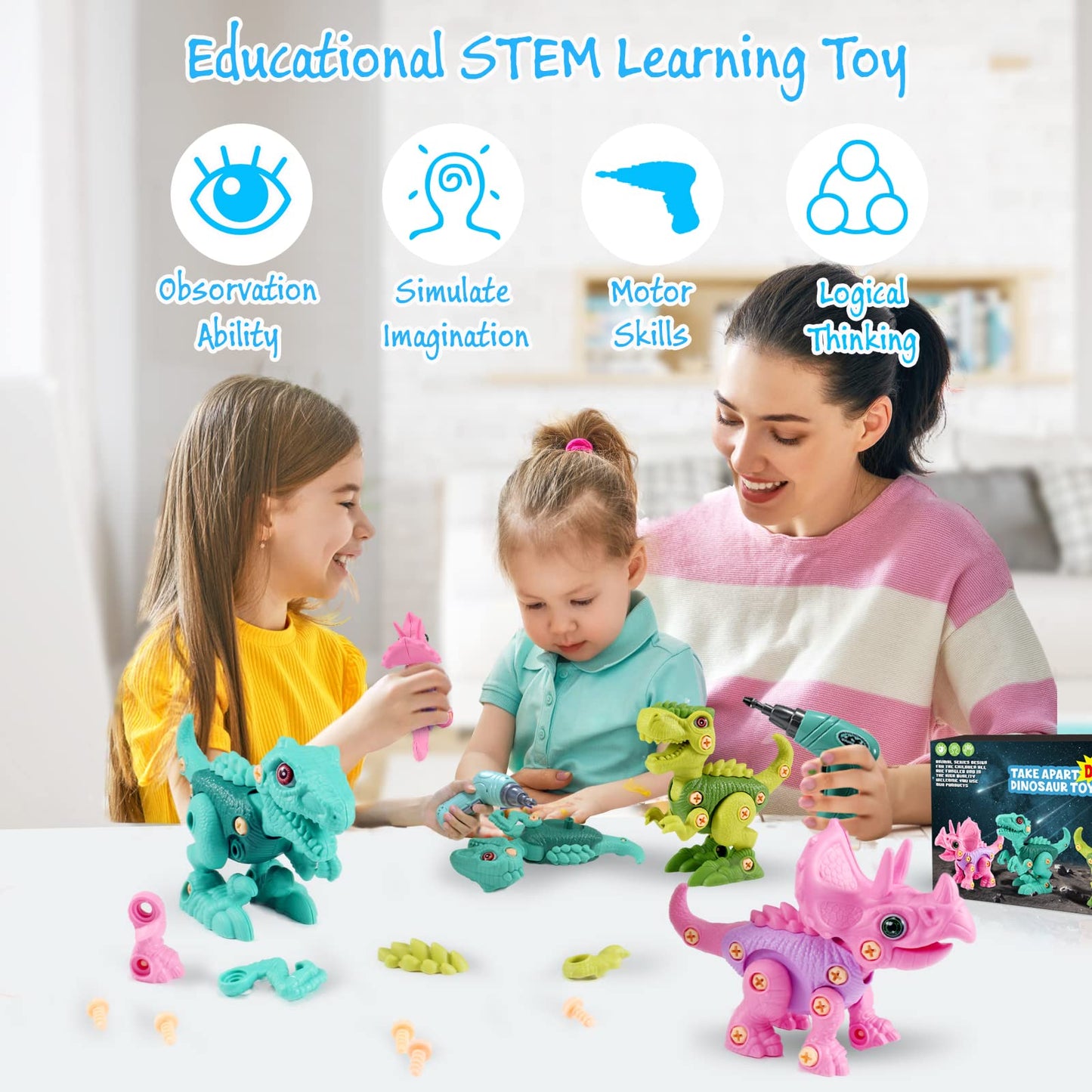 Dinosaur STEM Toys for Kids 3-5, Take Apart Dinosaur Toys with Electric Drill, Educational Building Toy & Construction Set, DIY Christmas Birthday Gifts for 3 4 5 6 7 8 Years Old Boys and Girls