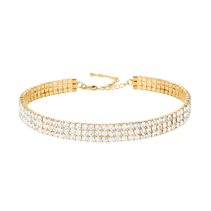 Zealmer 3 Row Rhinestone Choker Necklace for Women 18K Gold Plated