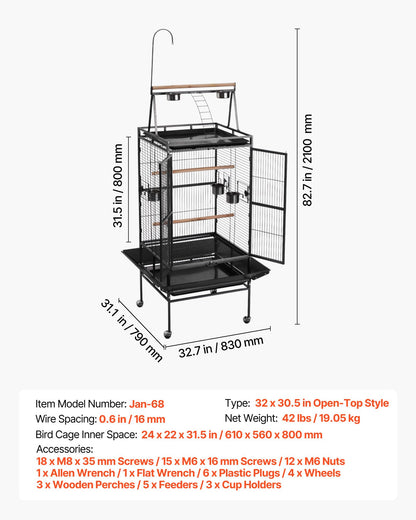 VEVOR Bird Cage, 24.6 x 16.7 x 53.9 inch, Flat Top, Wrought Iron Bird Flight Cage with Perches, Slide-Out Tray and Plastic Feeders, Casters, for Parrot, Blue Tit, Cockatiel, Canary, Budgerigar, Conure