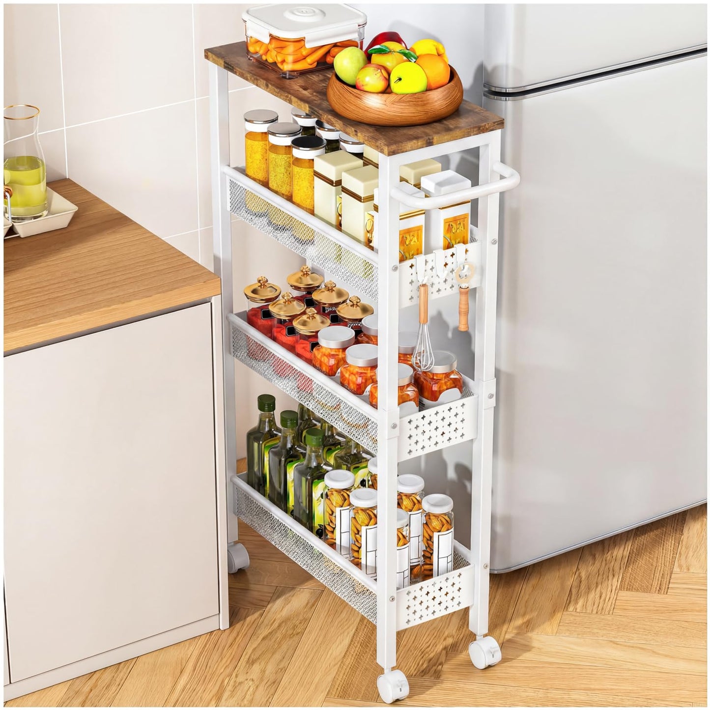 Vivihomety Utility Slim Storage Cart with Wheels, 4 Tier Small Rolling Cart with Wood Top, Metal Kitchen Bathroom Laundry Room Organization Trolley with Handle for Narrow Space – Black