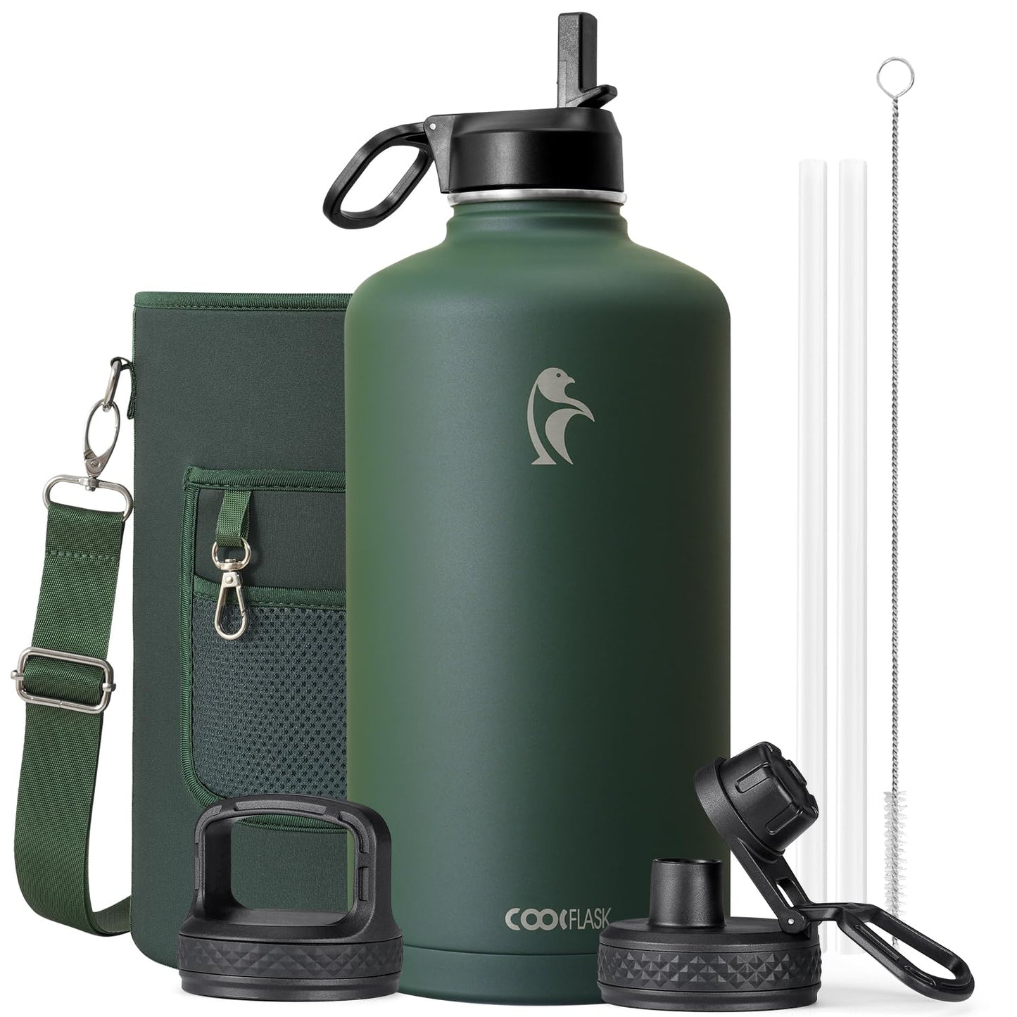 Half Gallon Water Bottle Insulated with Straw & 3 Lids, Coolflask 64 oz Water Jug Large Metal Stainless Steel Wide Mouth for Sports, Gym or Office, Non-BPA Keep Cold 48H Hot 24H, Samurai Cyan