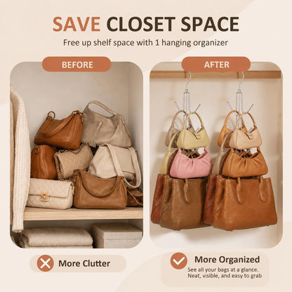 ZEDODIER 2 Pack Purse Organizer for Closet, Heavy-Duty Hanging Purse Hanger Closet Holds Up to 12 Purses, Metal Rotating Space Saving Bag Holder Handbag Storage Hook Backpack Rack, Silver