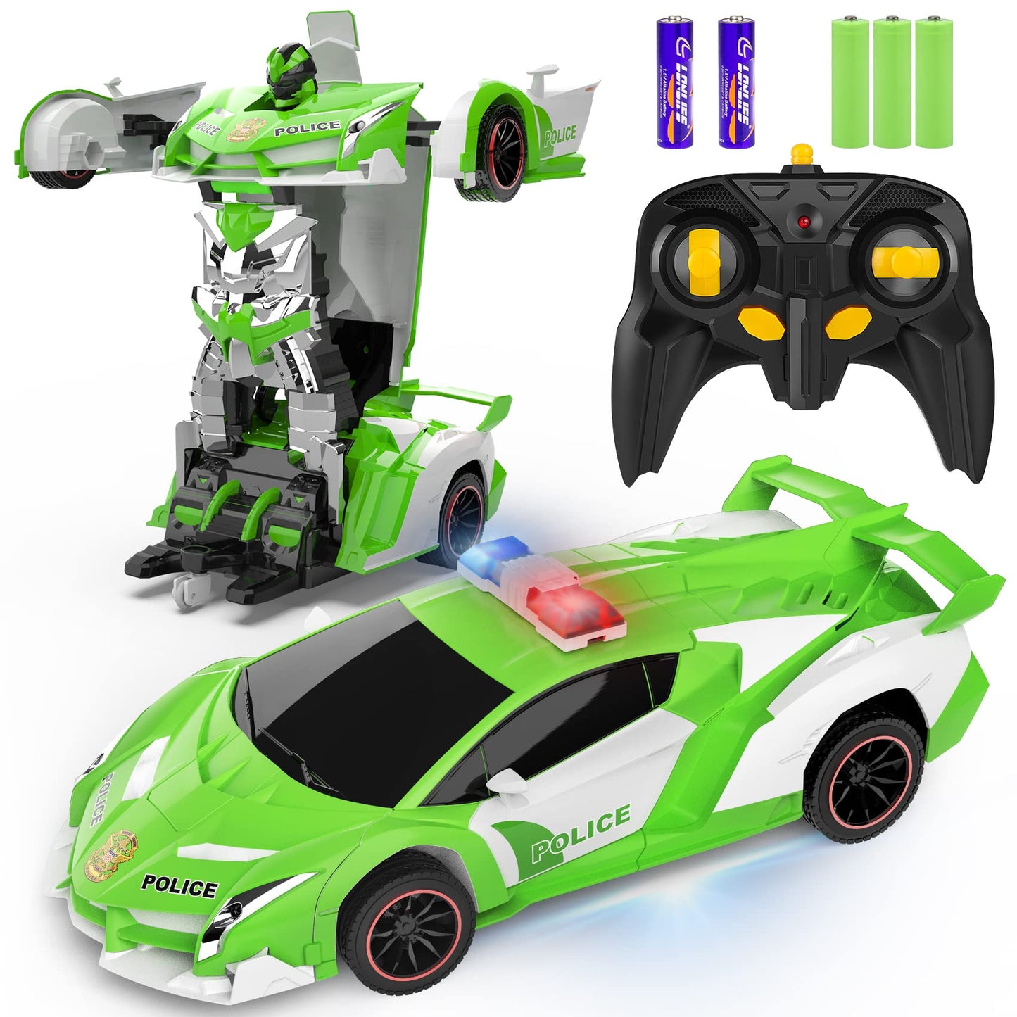FDJ Remote Control Car - Transform Toys Car Robot, One Button Deformation to Robot with Flashing Light, 2.4Ghz 1:18 Scale Transforming Police Car Kids Toys with 360 Degree Rotating, Girls Boys Toys