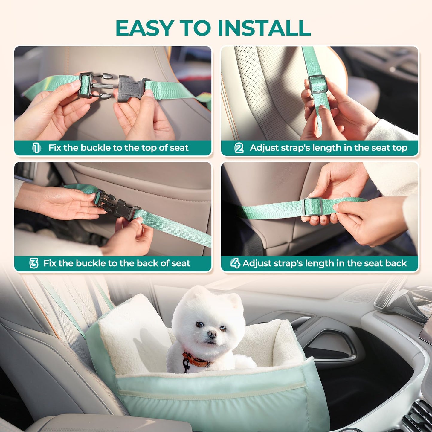 BurgeonNest Dog Car Seat for Small Dogs, Soft Pet Car Travel Home Bed Under 25 lbs, Fully Detachable and Washable Cat Booster Carseats with Storage Pockets and Clip-On Leash Portable Carrier,Black