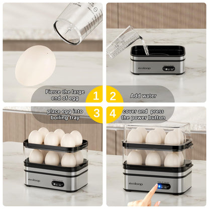 Evoloop Rapid Egg Cooker Electric 12 Eggs Capacity, Soft, Medium, Hard Boiled, Poached, Omelet Maker Egg Poacher & Vegetable Steamer, BPA Free Tray