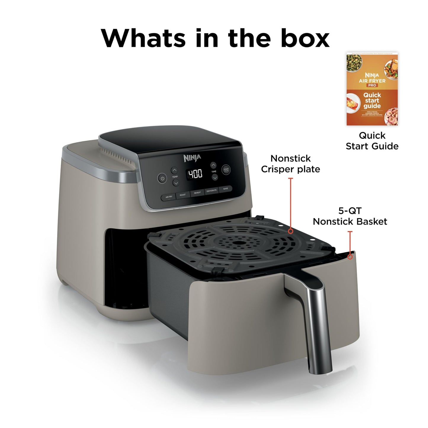 Ninja Air Fryer with Air Crisp | 5 QT Capacity fits up to 4lbs of Fries | 4-in-1 Pro Air Fry, Roast, Reheat, Dehydrate | 400°F Max Temp | 1750 Watts | W/Nonstick Basket & Crisper Plate | Grey | AF141