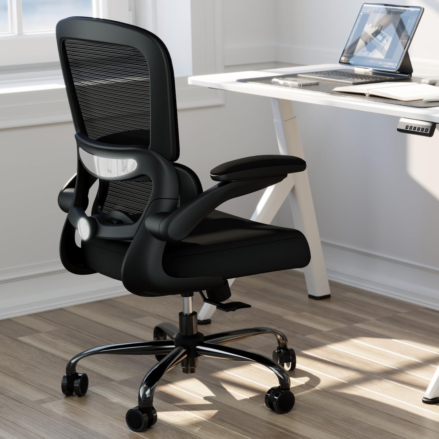 TRALT Ergonomic Office Chair - Desk Chair with Adjustable Lumbar Support Computer Chair - Mesh Comfy Chair with Flip-up Armrests - Gaming Chairs for Adults Home Office (Leather, White)