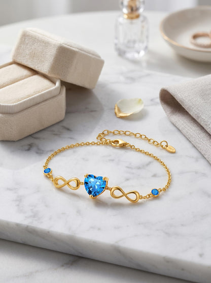 14K Gold Infinity Birthstone Bracelets for Women, Infinity Love Heart Birthstone Link Bracelets for Women, 14K Gold Plated Jewelry Birthday Gifts for Wife Girlfriend Mom, 7+2 Inch