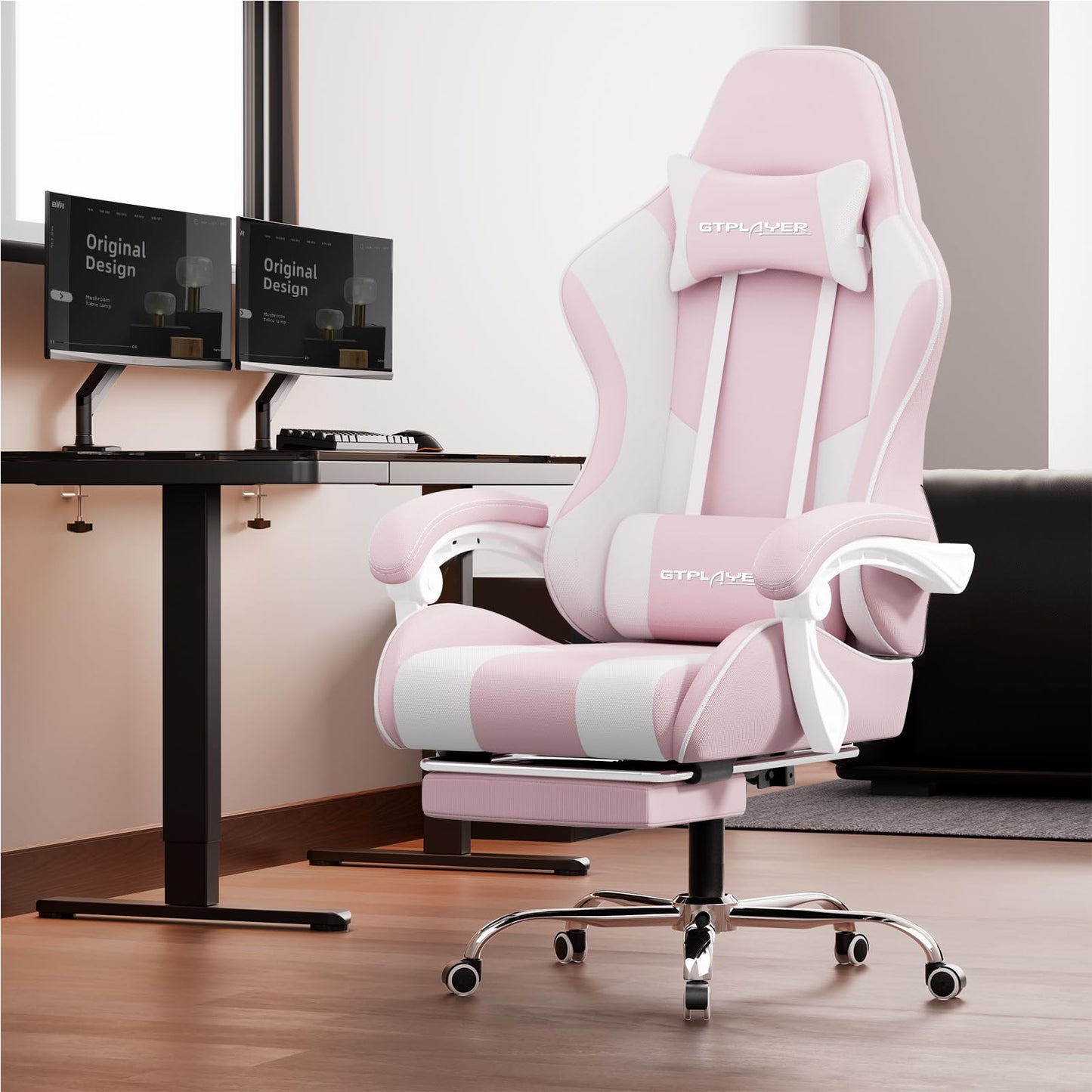 GTPLAYER Gaming Chair, Computer Chair with Footrest and Lumbar Support, Height Adjustable Game Chair with 360°-Swivel Seat and Headrest and for Office or Gaming (Pearl White)