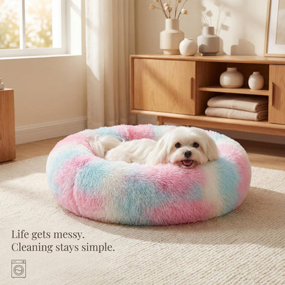 Small Calming Dogs Bed for Small Dogs Anti-Anxiety Machine Washable Fluffy Luxury Anti-Slip Waterproof Mute Base Warming Cozy Soft Pet Puppy Round Bed