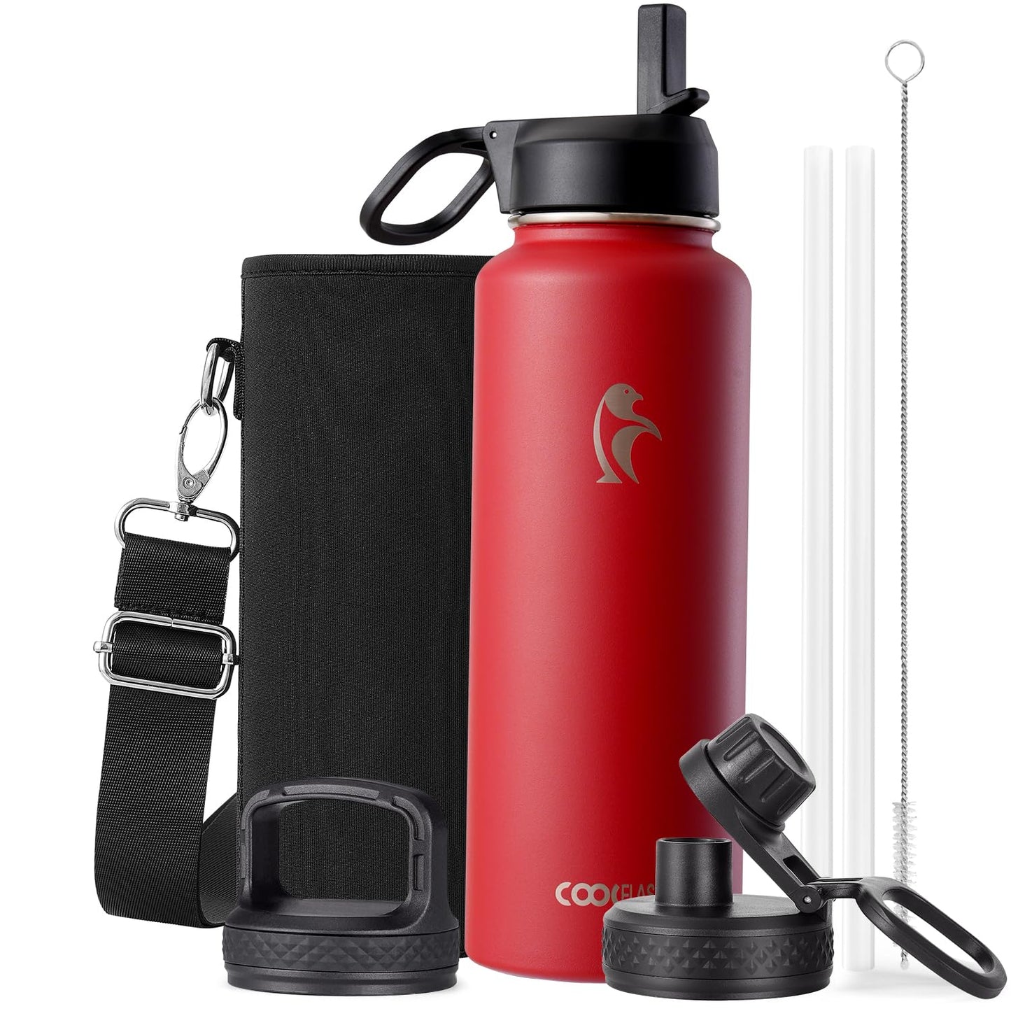 Half Gallon Water Bottle Insulated with Straw & 3 Lids, Coolflask 64 oz Water Jug Large Metal Stainless Steel Wide Mouth for Sports, Gym or Office, Non-BPA Keep Cold 48H Hot 24H, Samurai Cyan