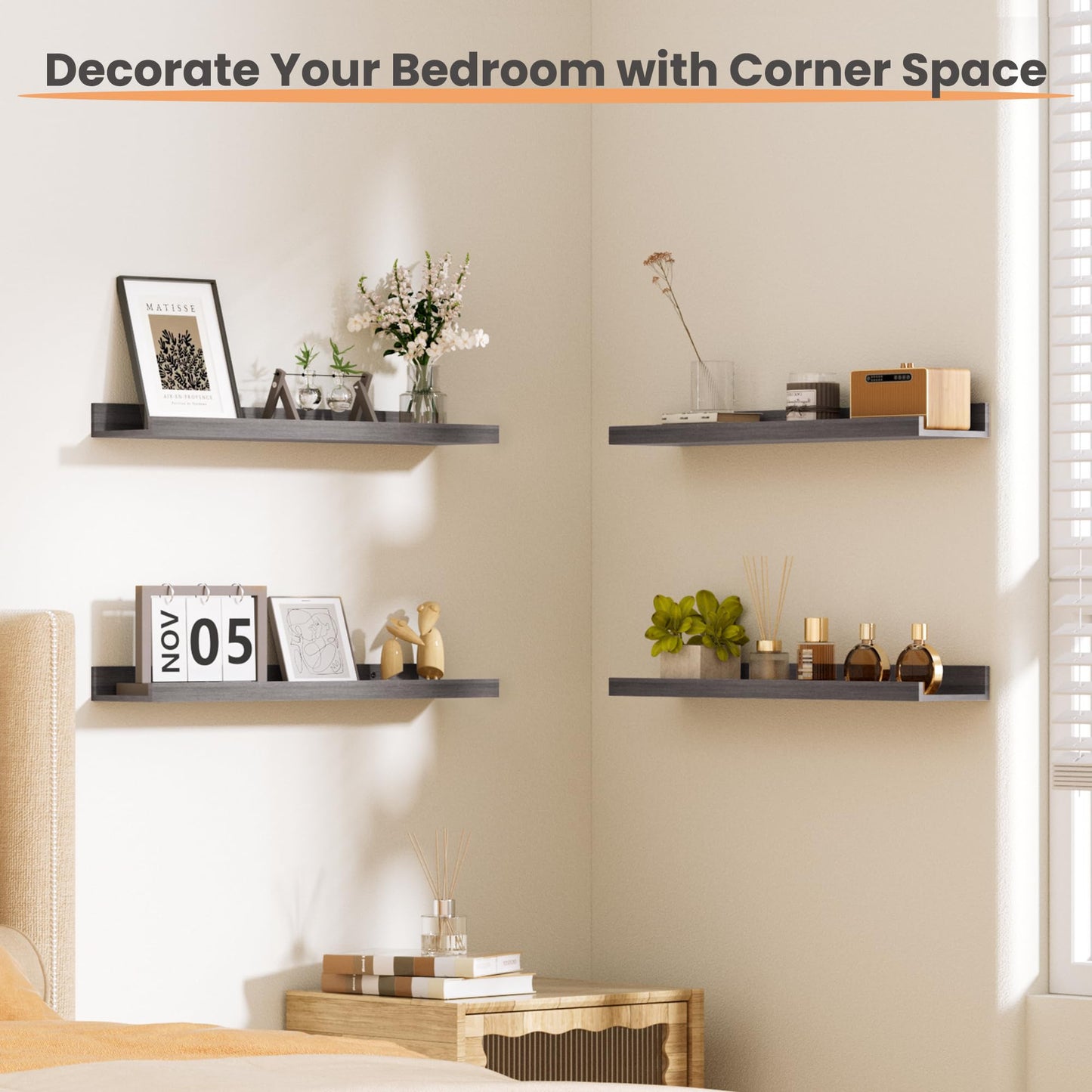 upsimples Floating Shelves for Wall, Wall Shelves for Decor Storage Set of 6, Wall Mounted Wood Shelf for Bedroom, Living Room, Bathroom, Kitchen, Picture Ledge Shelf, Black
