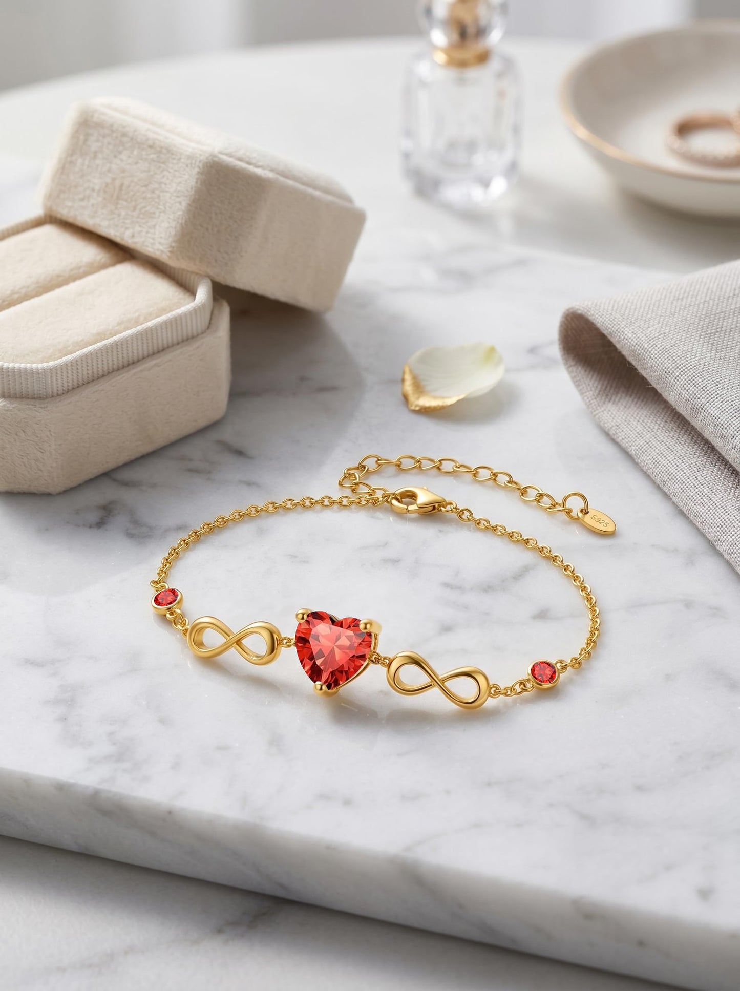 14K Gold Infinity Birthstone Bracelets for Women, Infinity Love Heart Birthstone Link Bracelets for Women, 14K Gold Plated Jewelry Birthday Gifts for Wife Girlfriend Mom, 7+2 Inch