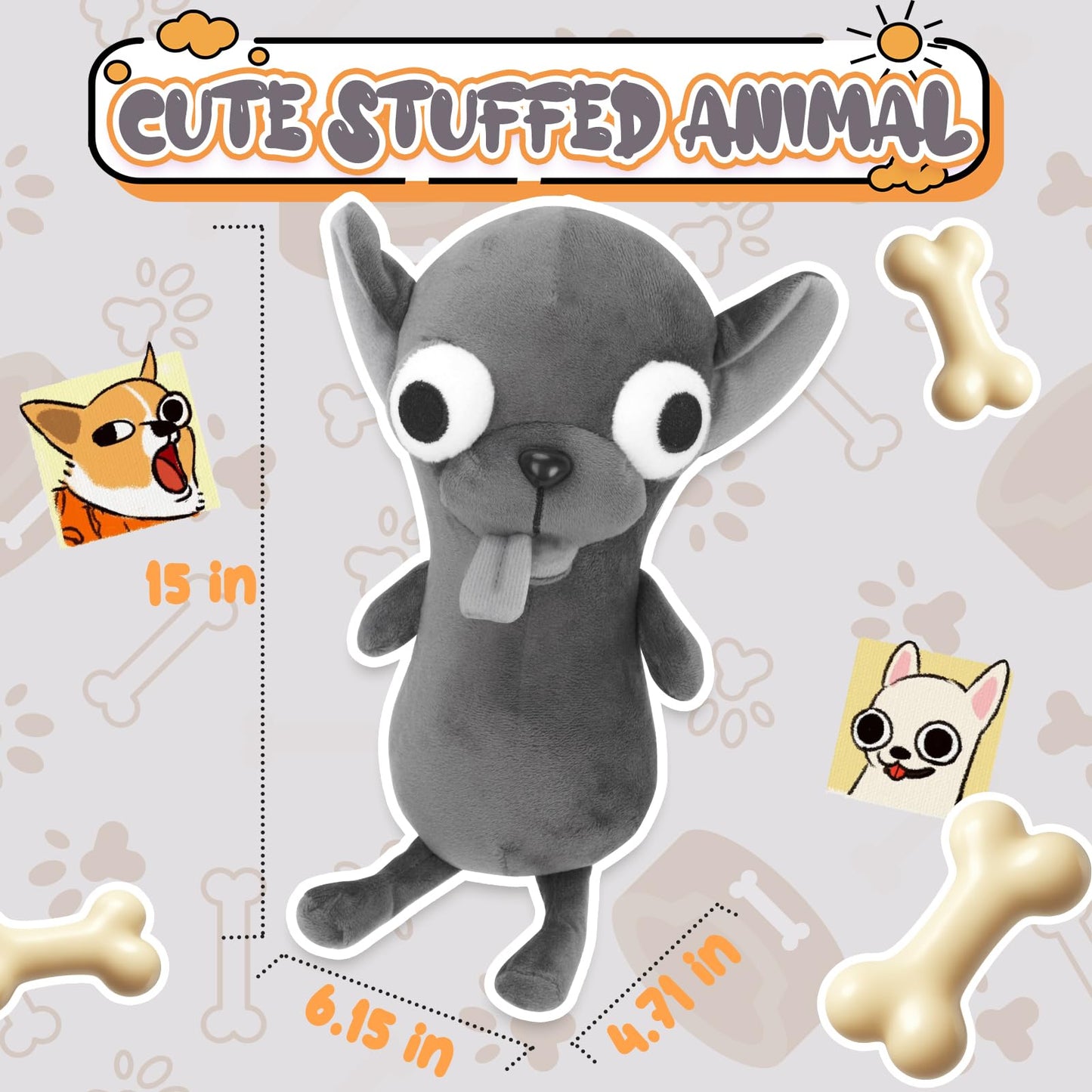 Funny Big Eyed Chihuahua Plush - Hilarious Dark Grey Chihuahua Stuffed Animal | Stress Relief Toy, Funny Desk Decor Gift for Kids & Adults (Black)