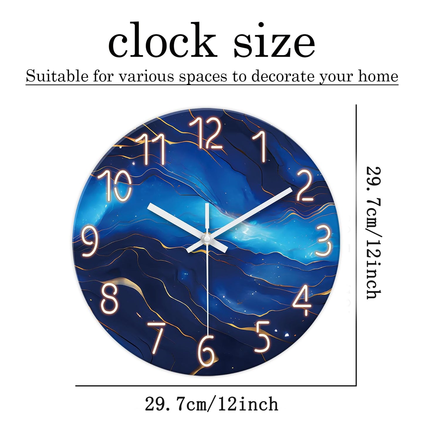 White Marble Glass Wall Clocks Battery Operated 12 Inch Abstract Decorative Analog Wall Clocks for Living Room Bedroom Office Silent Wall Clock Modern