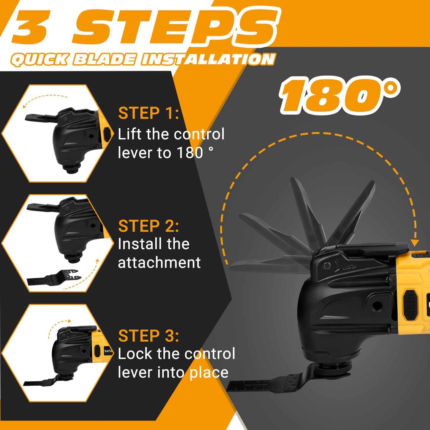 bellaDimora Oscillating Multi-Tool Compatible with DeWalt 20V MAX, 600W Brushless Motor (6000-20000 OPM), 23-Piece Accessory Kit for Cutting Sanding Scraping, Heavy-Duty Power Tool(No Battery)