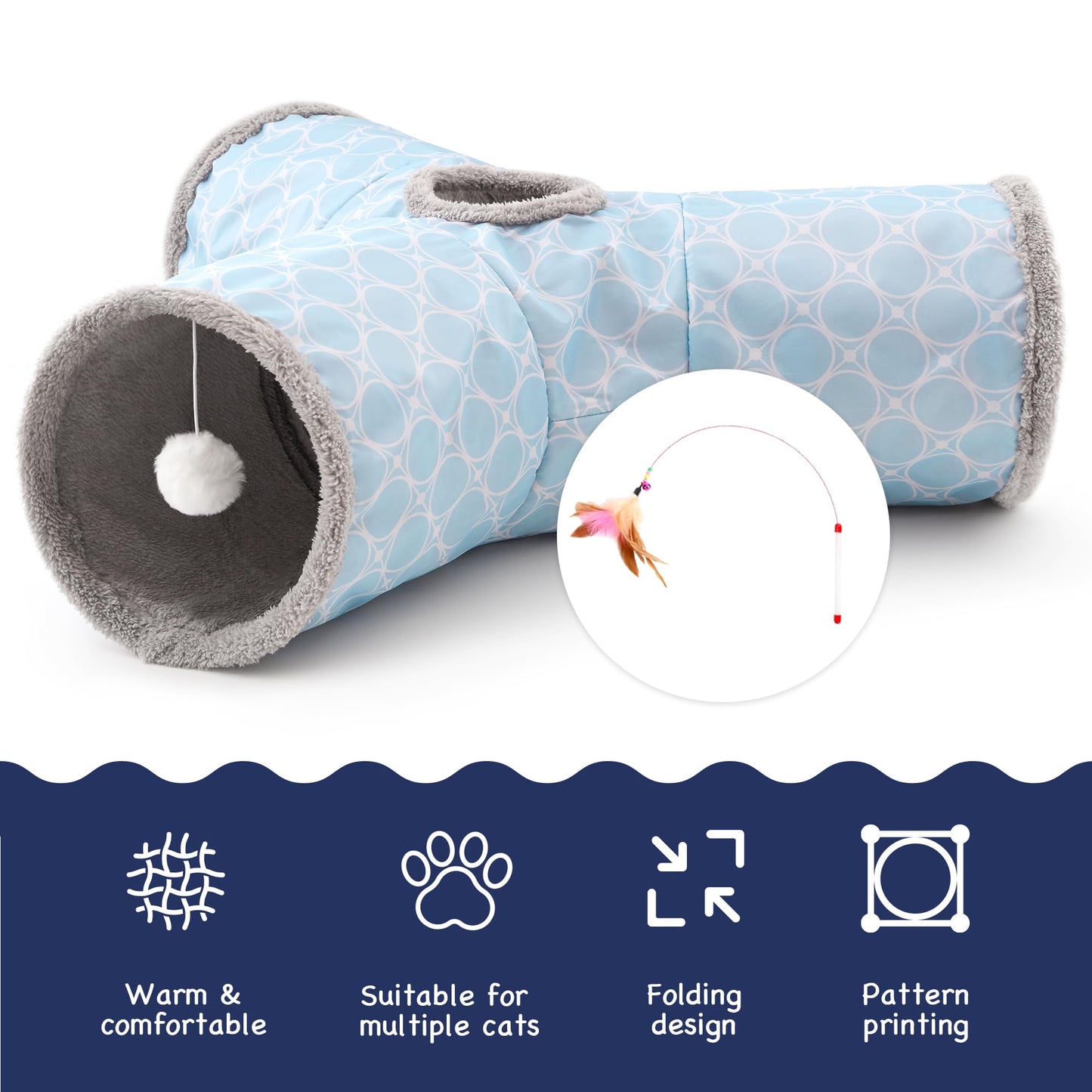 Tempcore Pet Cat Tunnel Tube Toys 3 Way Collapsible, Tunnels for Indoor Cats, Interactive Tube with Teaser Wand, Peek Holes & Hanging Ball, Black & Blue