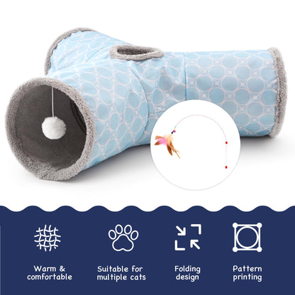 Tempcore Pet Cat Tunnel Tube Toys 3 Way Collapsible, Tunnels for Indoor Cats, Interactive Tube with Teaser Wand, Peek Holes & Hanging Ball, Black & Blue