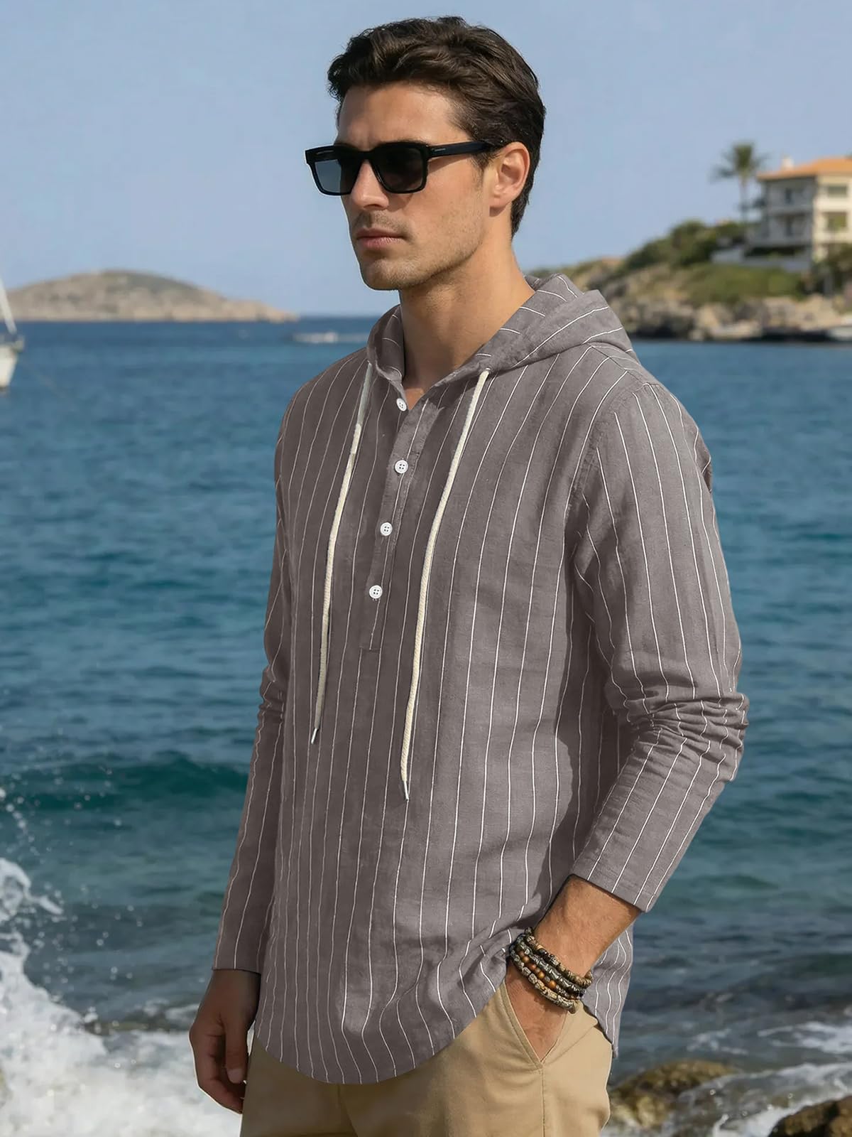 Mens Cotton Linen Hoodies Long Sleeve Button Down Shirts Casual Hawaiian Beach Yoga Sweatshirts