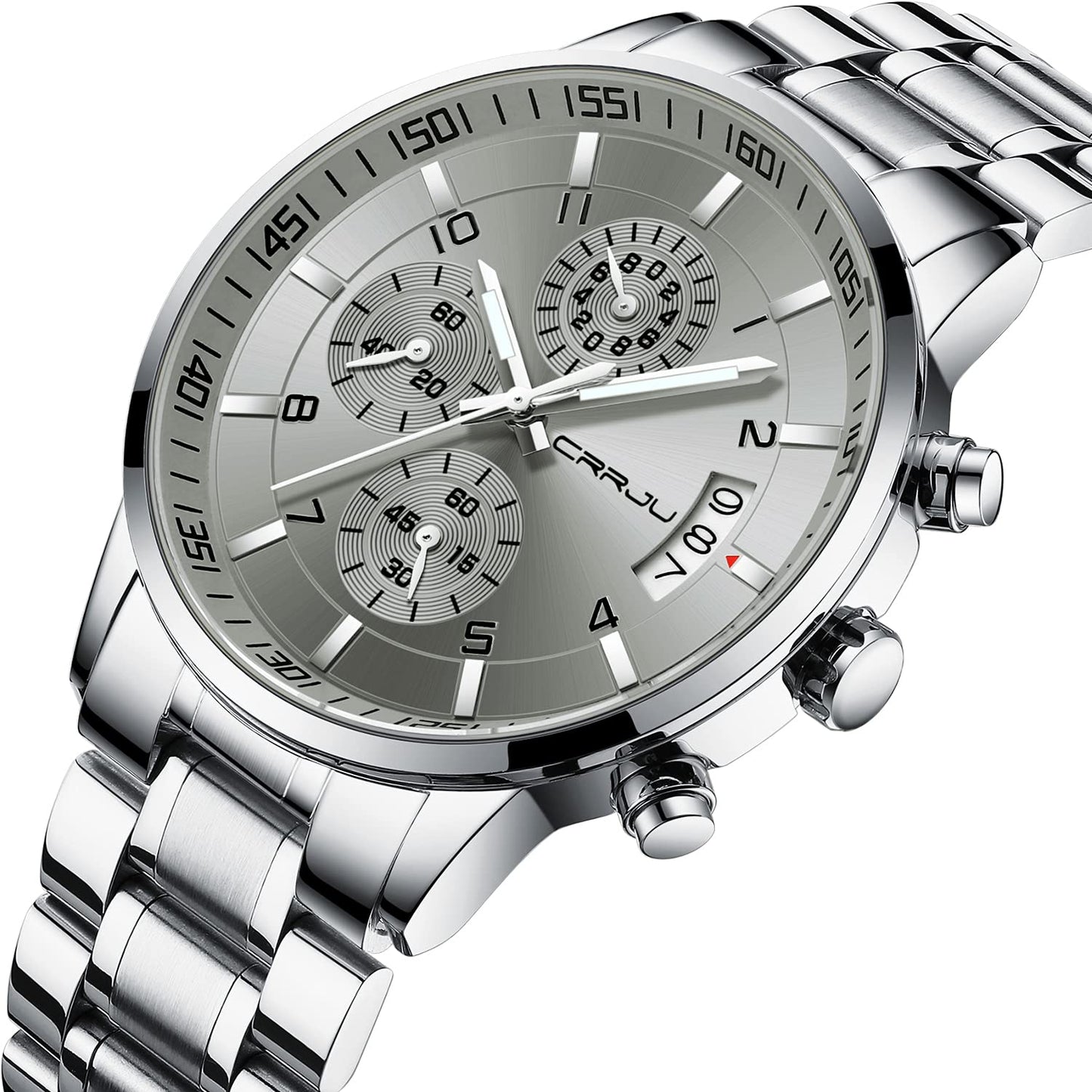 CRRJU Men's Fashion Stainless Steel Watches Date Waterproof Chronograph Wristwatches,Black Steel Band Waterproof Quartz Watch for Men