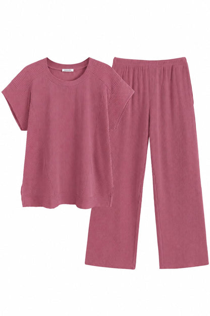 Ekouaer Two Piece Sets for Women 2026 Travel Outfits Short Sleeve Top Wide Leg Pants Rib Tracksuits Summer Fashion Lounge Set
