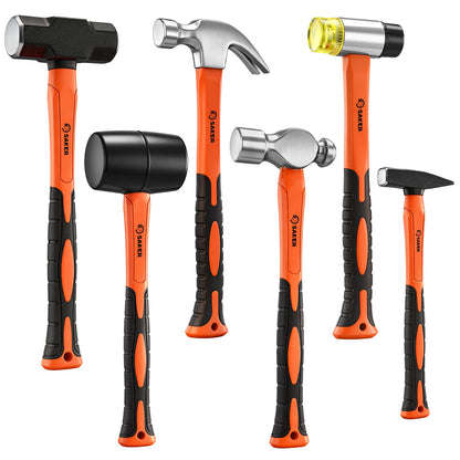 Saker 5-Piece Hammer Set,3lb Sledge Hammer,16oz Rubber Mallet, 16oz Ball Peen Hammer & Claw Hammer, 7oz Cross Peen Hammer for Home Repair & DIY Projects