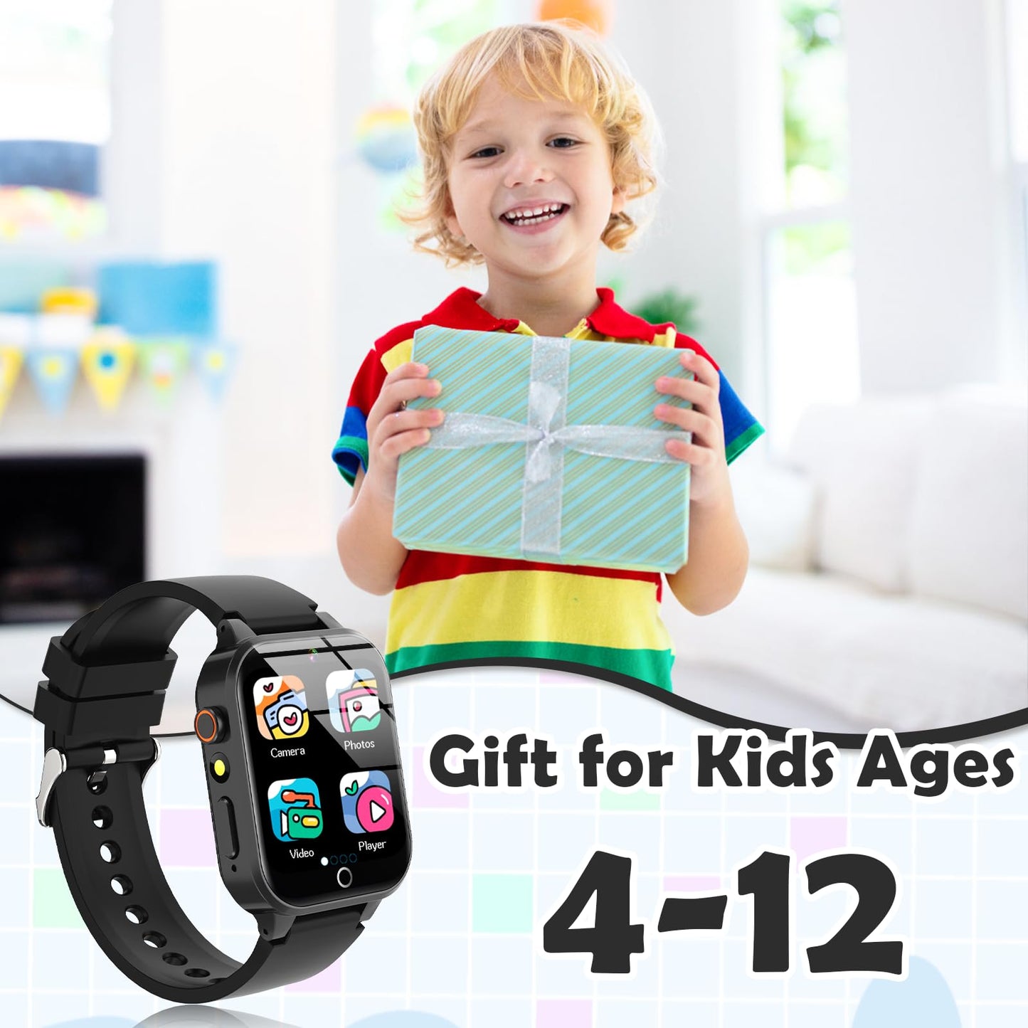 Luyiilo Smart Watch for Kids, with 26 Puzzle Games, Touch Screen, HD Camera, Alarm Clock, Toys for Ages 4-12 Years Old.Birthday Gift for Boys Girls (Blue)