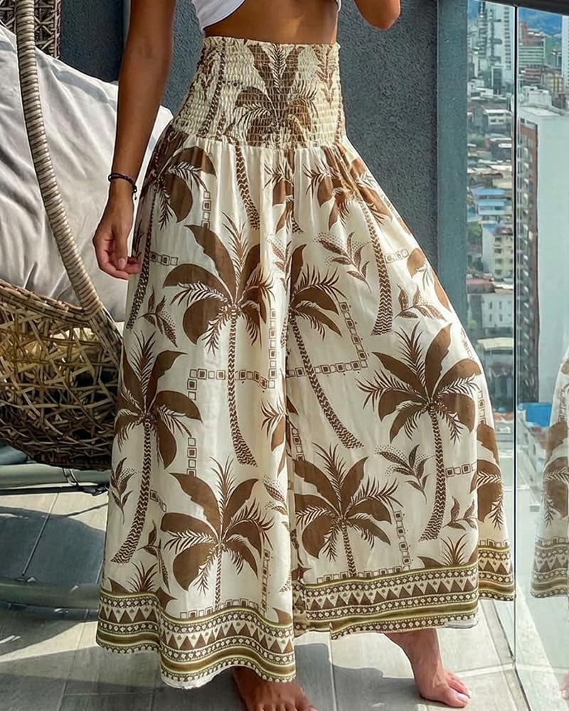 CHICME Boho Floral Shirred High Waisted Wide Leg Pants Flowy Palazzo Pants Summer Beach Vacation Wear
