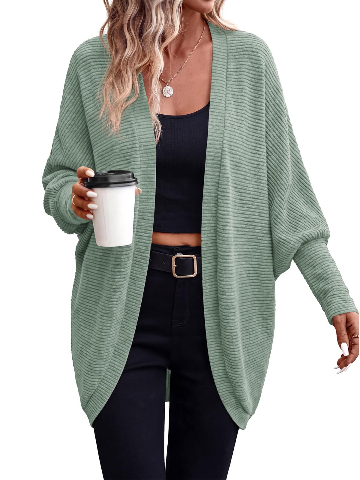 PRETTYGARDEN Batwing Long Sleeve Lightweight Cardigan Sweaters for Women | Casual Open Front Long Cardigans, Loose Fit Soft Ribbed Knit Light Weight Sweater, Fashion Early Fall Clothes, Travel Outfits