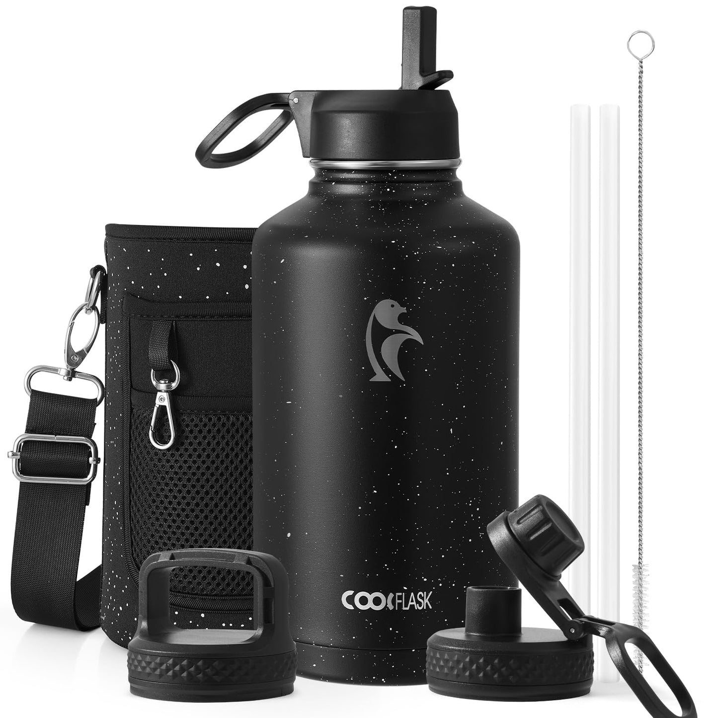 Half Gallon Water Bottle Insulated with Straw & 3 Lids, Coolflask 64 oz Water Jug Large Metal Stainless Steel Wide Mouth for Sports, Gym or Office, Non-BPA Keep Cold 48H Hot 24H, Samurai Cyan