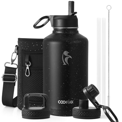Half Gallon Water Bottle Insulated with Straw & 3 Lids, Coolflask 64 oz Water Jug Large Metal Stainless Steel Wide Mouth for Sports, Gym or Office, Non-BPA Keep Cold 48H Hot 24H, Samurai Cyan