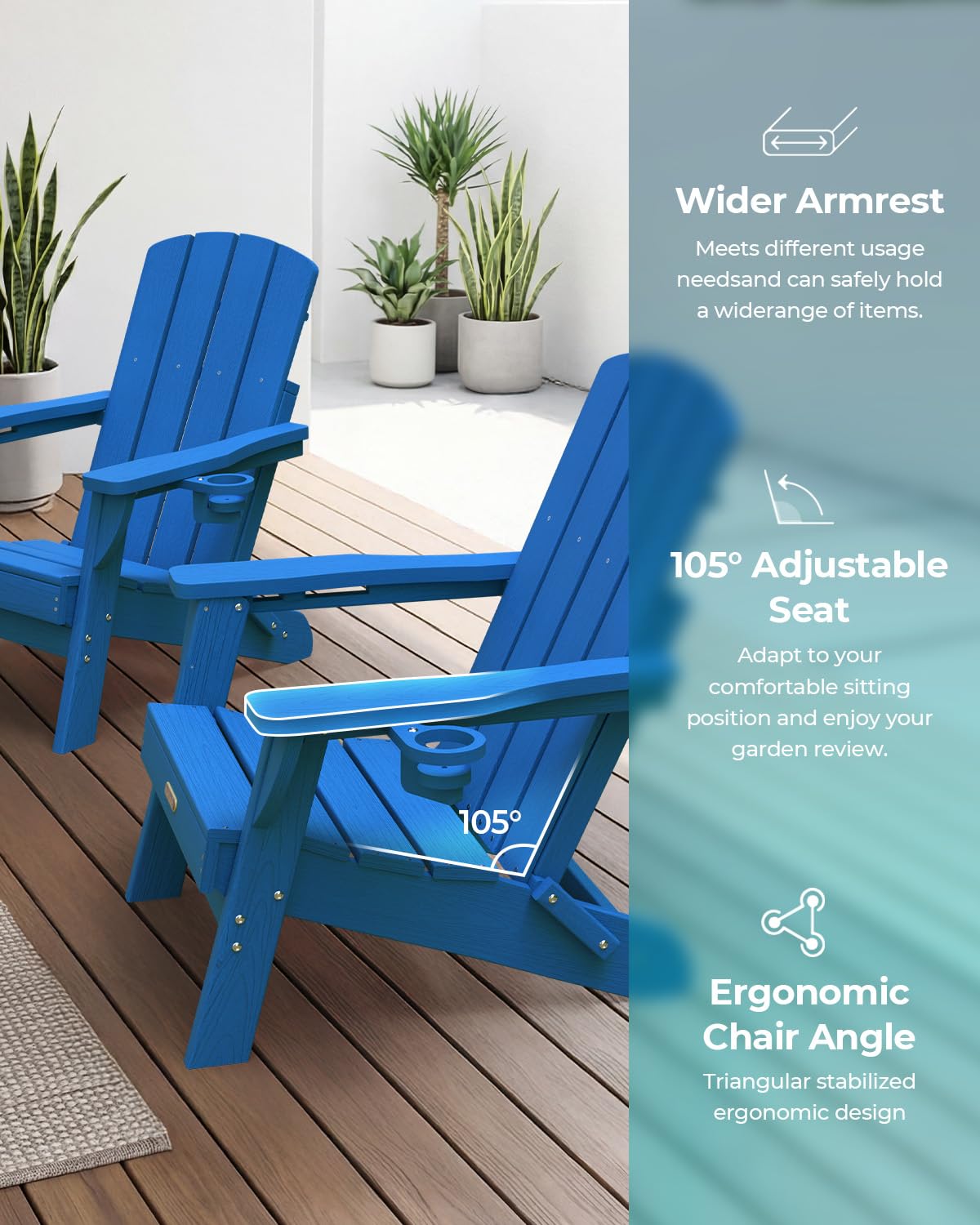 Folding Adirondack Chair, HDPE Adirondack Chairs with 2 Cup Holder, Plastic All-Weather Fire Pit Chairs, Outdoor Lawn Chair for Patio Garden (Grey)