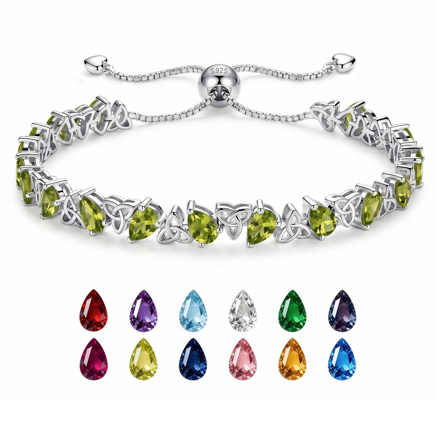 Birthstone Bracelets for Women, Pear Cut Tennis Bracelet 925 Sterling Silver, 6-9 Inch Adjustable Celtic Knot, Anniversary Birthday Jewelry Gifts for Women