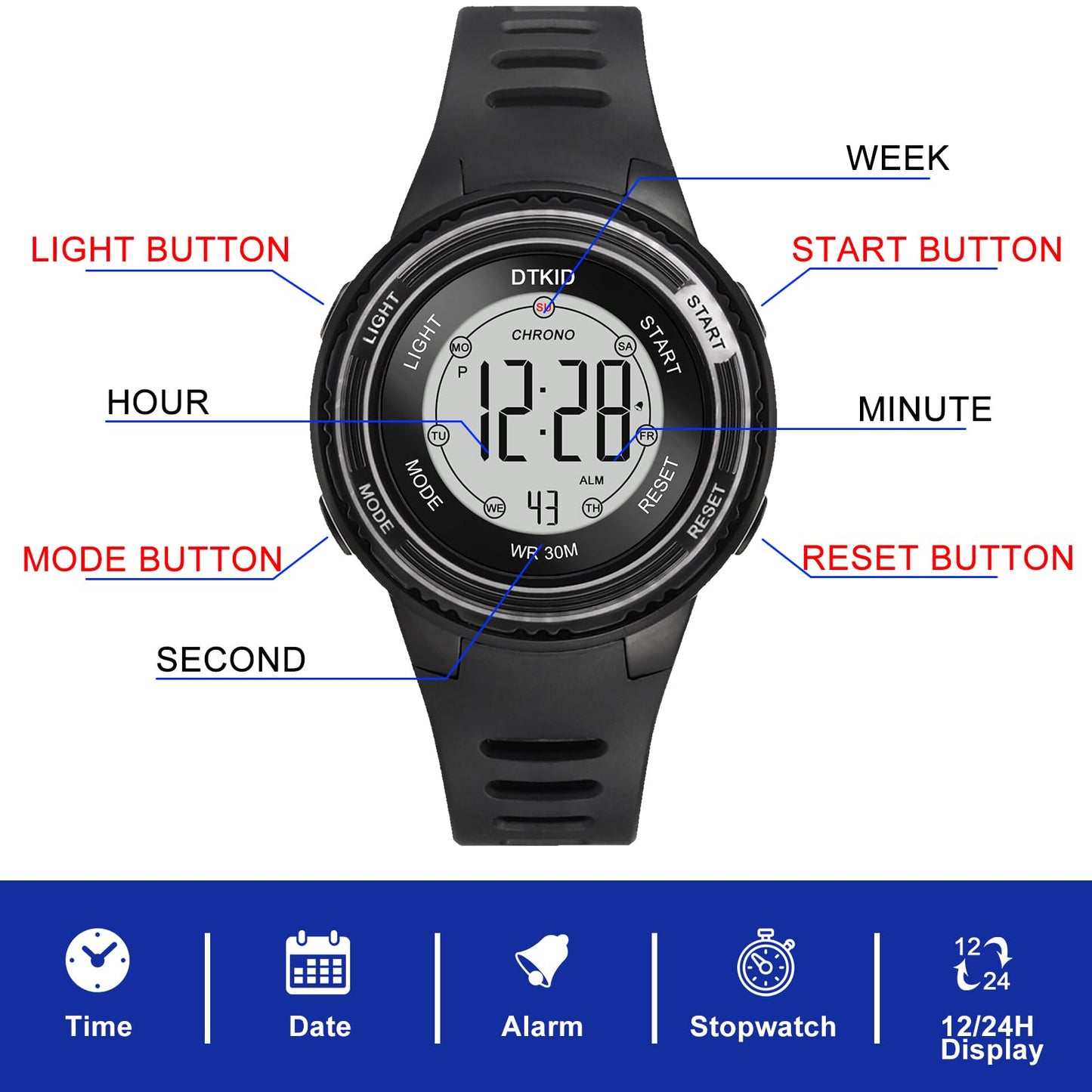 DTKID Digital Kids Watch 30 M Waterproof, 7 Color Lights Time Teaching Watch Easy to Read for Girls Boys 5-16