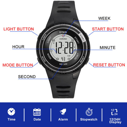 DTKID Digital Kids Watch 30 M Waterproof, 7 Color Lights Time Teaching Watch Easy to Read for Girls Boys 5-16