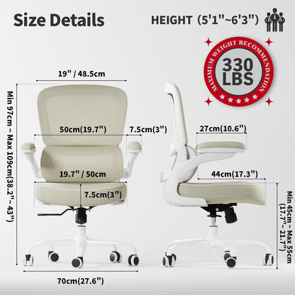 TRALT Ergonomic Office Chair - Desk Chair with Adjustable Lumbar Support Computer Chair - Mesh Comfy Chair with Flip-up Armrests - Gaming Chairs for Adults Home Office (Leather, White)