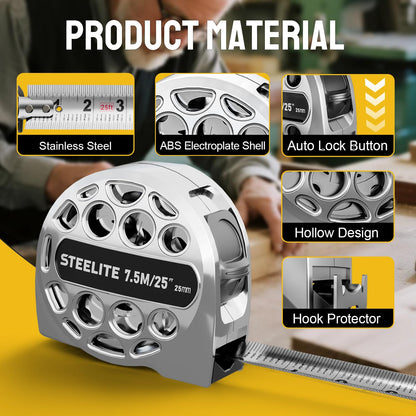 STEELITE Tape Measure 25'FT Stainless Steel Waterproof & Rustproof Retractable Measuring Tape with Hollow Design Carbon Fiber