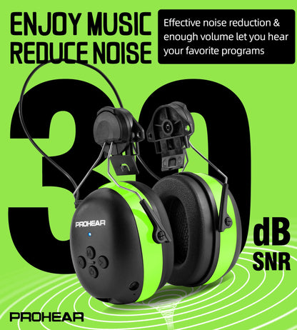 PROHEAR 037 Bluetooth 6.0 Hearing Protection Headphones with Rechargeable 1500mAh Battery, 30dB SNR Safety Noise Reduction Ear Muffs 120H Playtime for Mowing, Workshops, Snowblowing - Black