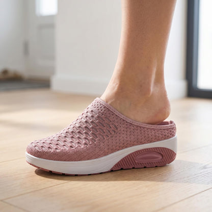 Women's Mesh Stretch Knitted Air Cushion Mule Clogs Fashion Comfortable Closed Round Toe Breathable Slip On Wedge Orthopedic Mules Sneaker for Summer Casual Beach Walking Slippers