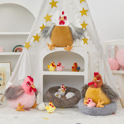 MaoGoLan 8Pcs Chicken Stuffed Animals, Stuffed Hen Plush Toys with Babies Chickens and Eggs, Nest House Plush Set, Cute and Soft Farm Stuffed Animals Gift for Kids