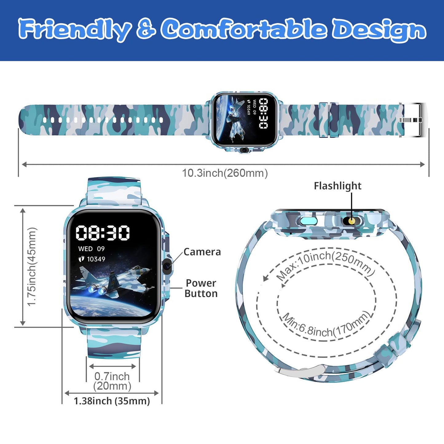 Smart Watch for Kids Boys Age 5-12, Ai Functions Games HD Touch Screen Watches with Video Camera Music Player Pedometer Heart Rate Sleep Tracker Christmas Birthday Gifts for Boys (Camouflage, 1.85")