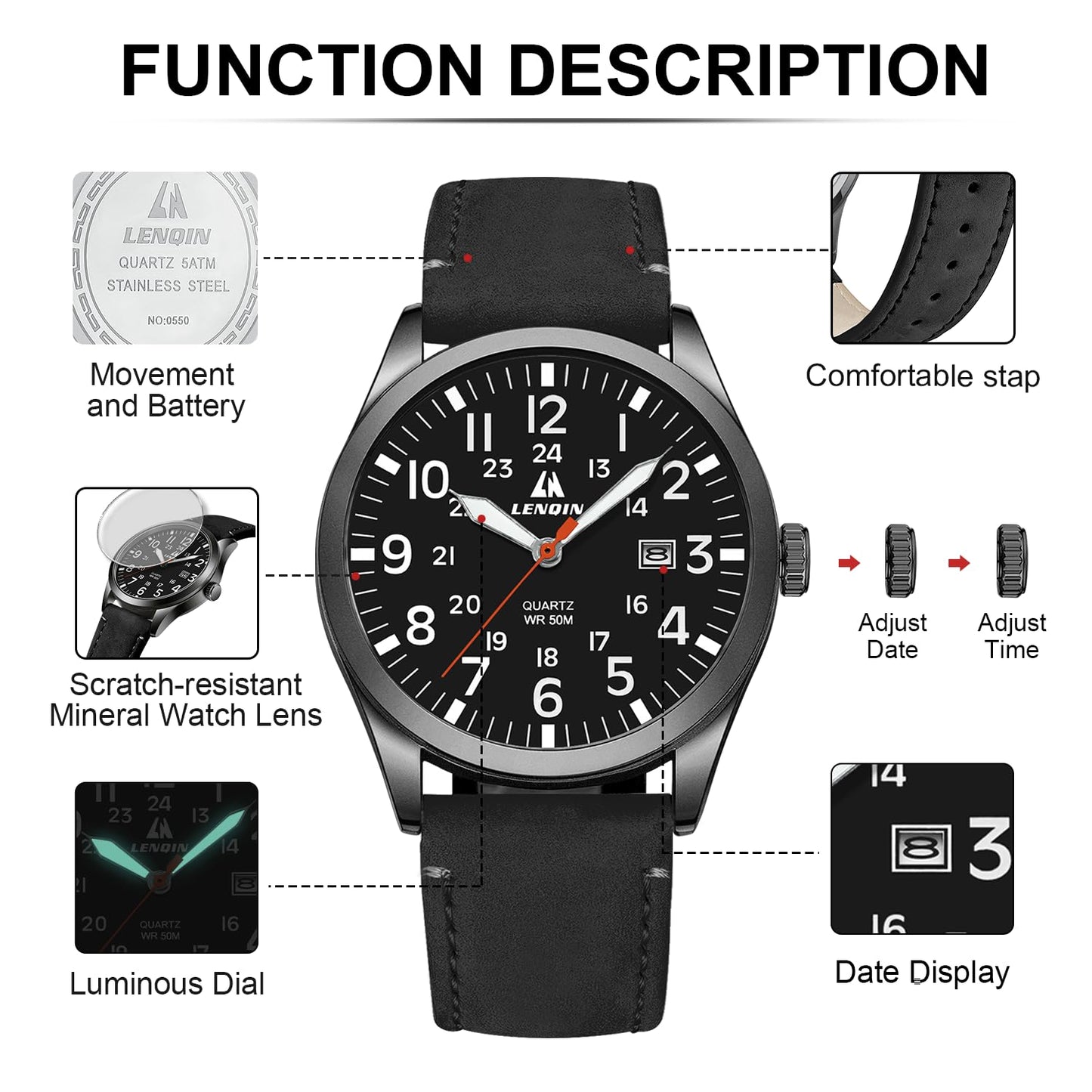 LN LENQIN Mens Watches Unisex Military Sport Nylon Strap Stylish Luminous Fashion Analog Quartz Watch for Men Waterproof Army Tactical Casual Wristwatch