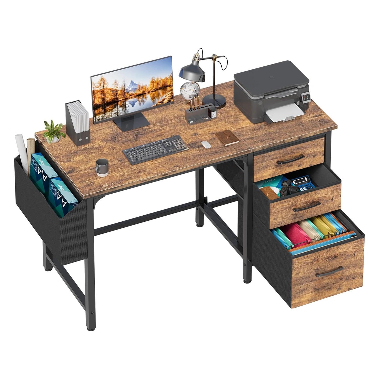 Lufeiya Computer Desk with File Drawers Cabinet, 47 Inch Reversible Home Office Desks with Filing Cabinet for Small Space, Gaming Study Writing Table PC Desks, Black