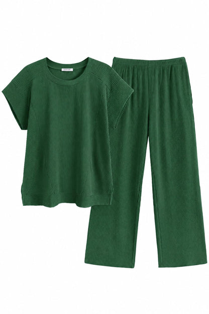 Ekouaer Two Piece Sets for Women 2026 Travel Outfits Short Sleeve Top Wide Leg Pants Rib Tracksuits Summer Fashion Lounge Set