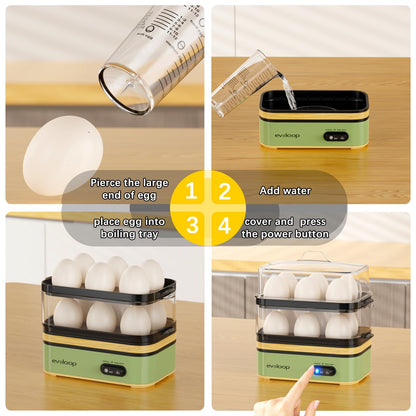 Evoloop Rapid Egg Cooker Electric 12 Eggs Capacity, Soft, Medium, Hard Boiled, Poached, Omelet Maker Egg Poacher & Vegetable Steamer, BPA Free Tray