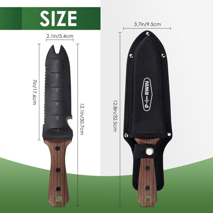 PERWIN Hori Hori Garden Knife, Garden Tools with Sheath for Weeding, Planting, Digging, 7" Stainless Steel Blade with Cutting Edge, Full-Tang Wood Handle with Hanging Hole
