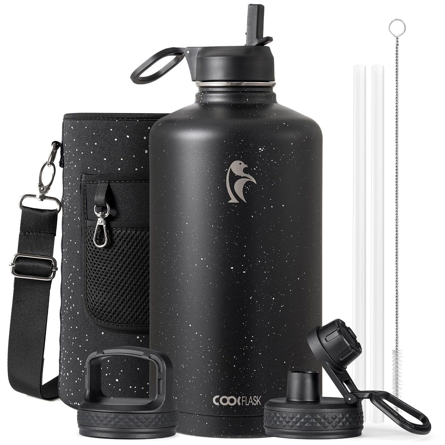 Half Gallon Water Bottle Insulated with Straw & 3 Lids, Coolflask 64 oz Water Jug Large Metal Stainless Steel Wide Mouth for Sports, Gym or Office, Non-BPA Keep Cold 48H Hot 24H, Samurai Cyan