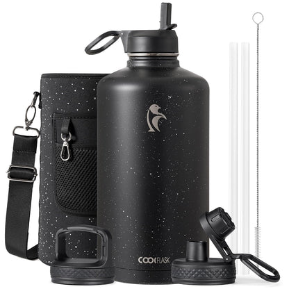 Half Gallon Water Bottle Insulated with Straw & 3 Lids, Coolflask 64 oz Water Jug Large Metal Stainless Steel Wide Mouth for Sports, Gym or Office, Non-BPA Keep Cold 48H Hot 24H, Samurai Cyan